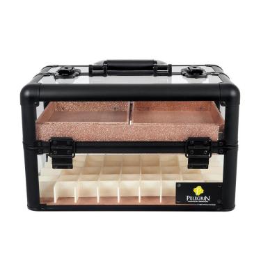 Imagem de Maleta Maquiagem Joias Alumínio e Acrílico Pelegrin PEL-M1018 Preta e Rose Gold