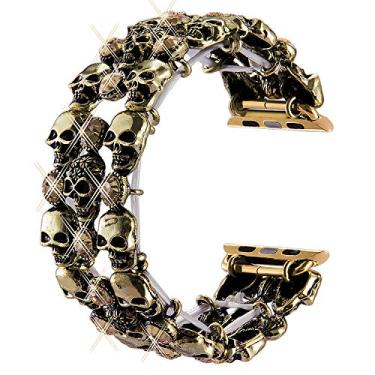 Imagem de VIQIV Pulseiras de caveira compatíveis com Apple Watch de 42 mm, 44 mm, 45 mm, iWatch Series SE 7, 6, 5, 4, 3, 2 e 1, pulseira de aço inoxidável com strass de diamante brilhante para festa de Halloween masculina e feminina