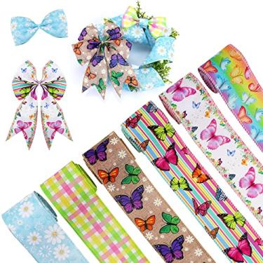 Imagem de 6 rolos de fita de borboleta com borda de mola e fio com margarida, listra xadrez colorida para decoração de festa, casa, Páscoa, presentes, laços florais, grinalda, artesanato e faça você mesmo, 6,35 cm x 27 m