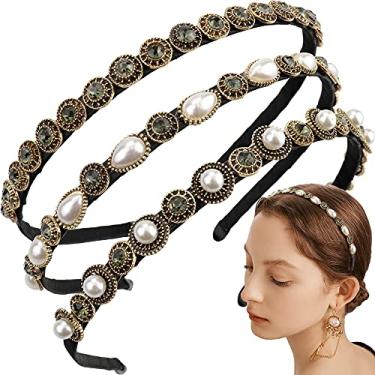 Imagem de NAIHOD 3 faixas de cabelo finas de strass para mulheres e meninas, faixas de cabelo vintage luxuosas para mulheres com tecido envolto em metal, argola de cabelo barroco para cabeça elástica