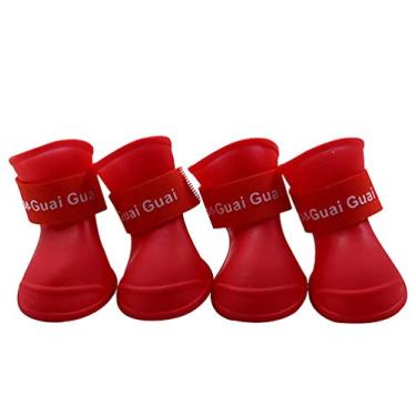 Imagem de Yajun Sapatos de chuva para cães antiderrapantes cores à prova d'água botas de borracha para animais de estimação com alças ajustáveis para quatro estações caminhando ao ar livre 4 peças, vermelho, P