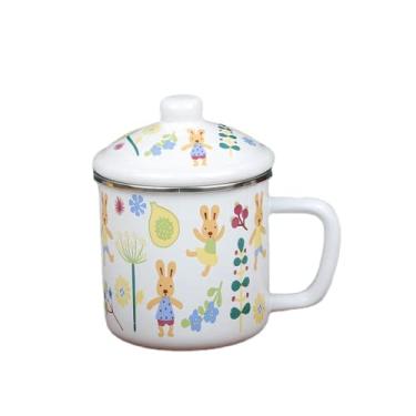 Imagem de XIALON Copo esmaltado de 425 g xícara de porcelana azul e branco com tampa xícara de chá esmaltada clássica nostálgica xícara de bebida