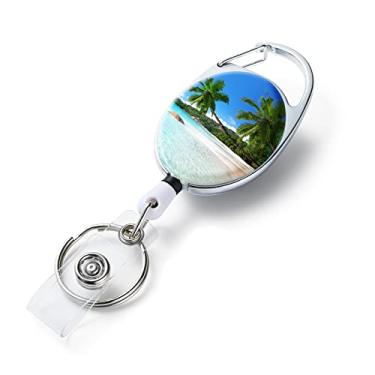 Imagem de Carretéis de crachá retráteis, suportes de crachá retráteis com padrão de impressão de cor dupla face, com chaveiro retrátil, clipe de crachá e chaveiro, corda retrátil de nylon durável, coqueiro