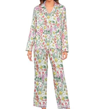 Imagem de JUNZAN Conjunto de pijama de manga comprida de camomila aquarela para mulheres pijama de cetim com botões macios, Camomila em aquarela, XXG