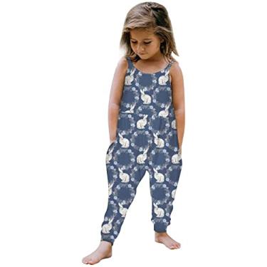 Imagem de Macacão infantil para bebês menina, macacão com alça de coelho sem mangas, calça harém com bolsos, roupas de verão, Azul marino, 5-6 anos