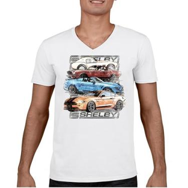Imagem de Camiseta Shelby Cars Sketch gola V Mustang Racing American Muscle Car GT500 Cobra Performance Powered by Ford Tee, Branco, XXG