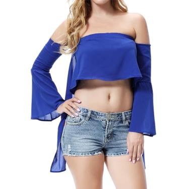 Imagem de Blusas femininas com ombro de fora para sair, plus size, manga curta, blusas casuais de verão, camisas frente única, túnica formal, Azul, GG