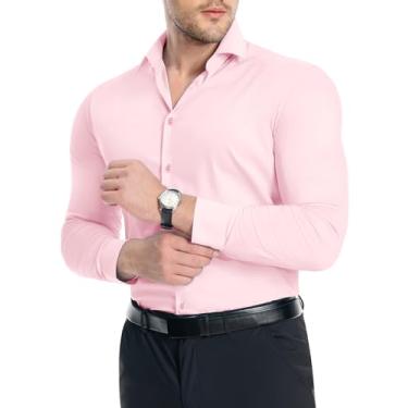 Imagem de Alimens & Gentle Camisas sociais masculinas de ajuste muscular stretch slim fit manga longa abotoada camisas sociais formais de negócios, rosa, GG