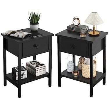 Imagem de Conjunto de 2 mesas de cabeceira com gavetas, conjunto de 2 mesas de cabeceira com prateleira de armazenamento, mesa lateral resistente para sala de estar quarto sofá pequeno espaço, mesa de cabeceira de metal de madeira, fácil de montar, preto