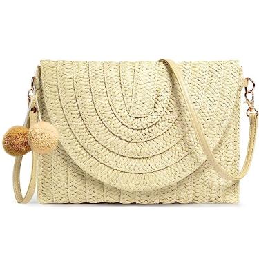 Imagem de Bolsa de mão de palha feminina de tecido de vime, bolsa de envelope, bolsa transversal, carteira, bolsas de ombro para o verão, Bege A