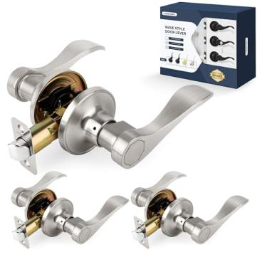 Imagem de LOQRON Maçaneta de porta estilo onda, puxador de porta de passagem, pacote com 3 alavancas internas sem chave reversíveis para canhoto/direita para corredor e armário com acabamento de níquel acetinado