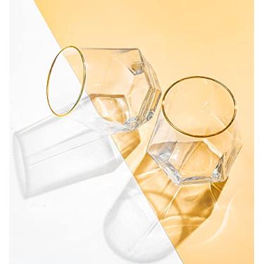 Imagem de Conjunto de 2 taças de vinho de diamante, copos de vidro modernos sem haste com borda dourada para servir festas, casa, bar, restaurantes transparentes