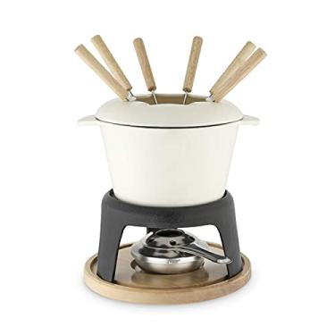 Imagem de Twine Conjunto de fondue de chocolate de ferro fundido esmaltado Farmhouse Kitchen com suporte de metal, panela de derretimento de chocolate, conjunto de panela de fondue de queijo, 21,6 cm, creme