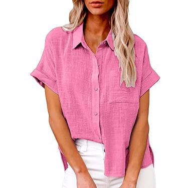 Imagem de Camiseta feminina de linho de manga curta com bolso, gola V, botões, cor sólida, caimento solto, túnica de verão, rosa, 5G