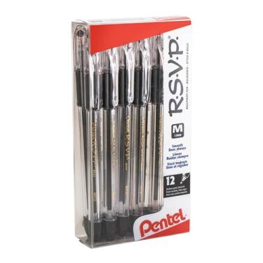 Imagem de Pentel (R) Canetas esferográficas R.S.V.P.(R), 1,0 mm, ponta média, barril transparente, tinta preta, pacote com 12, BK91-A