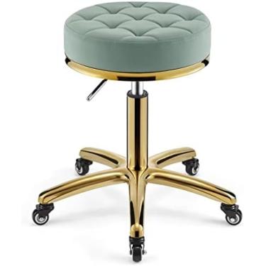 Imagem de Tamborete giratório, banco de barbeiro com altura ajustável sobre rodas, banco de metal hidráulico resistente com haste de cadeira dourada para cozinha, salão de beleza, massagem, clínica, b