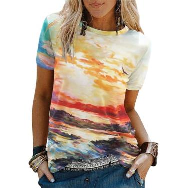 Imagem de Camisetas de praia femininas com estampa havaiana Sunshine Summer Vacation Vintage, 9 - Laranja, M
