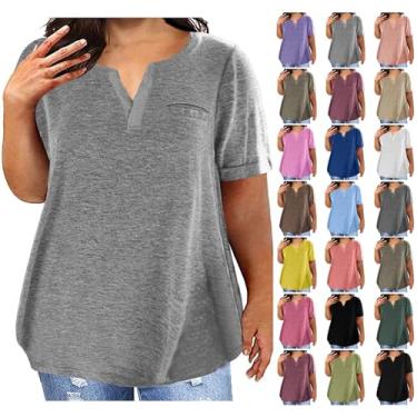 Imagem de Lainuyoah Camisetas macias femininas folgadas plus size manga curta túnica moda verão 2024 blusa retrô lisa básica, C - Cinza, GG