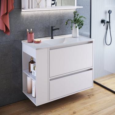 Imagem de Gabinete de Banheiro Suspenso 80cm Estela com 01 Gavetão, 1 Basculante com Lavatório Branco