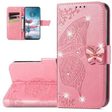 Imagem de Dinglijia Capa carteira para Motorola Edge 40 Neo, capa de couro PU padrão borboleta com fecho magnético e slots de cartão de dinheiro para Moto Edge 40 Neo, strass rosa