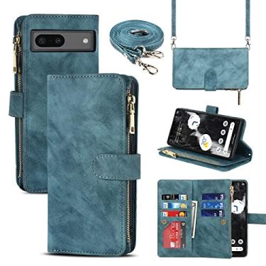 Imagem de iCoverCase Capa carteira para Google Pixel 7a com suporte para cartão, capa de couro PU com cordão transversal ajustável, fecho magnético com zíper e bolso (azul)