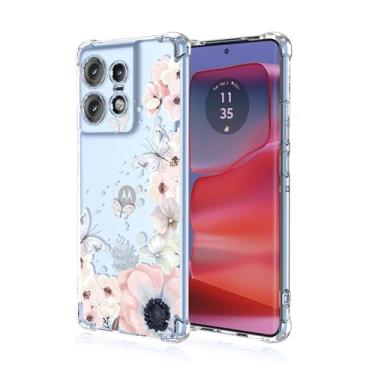 Imagem de RRXSYXL Capa para celular Moto Edge 50 Pro 5G com estampa floral e borboletas transparentes, proteção à prova de choque, capa de TPU macio para Motorola Edge 50 Pro 5G (flores rosa/borboletas)