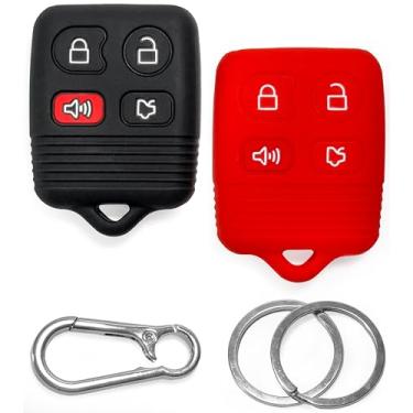 Imagem de 2 capas de silicone Click&Fit compatíveis com Ford Explorer Escape Focus Fusion Mustang Crown Victoria, Lincoln Navigator, Mercury – capa de borracha para chave de carro com 4 botões, preto + vermelho