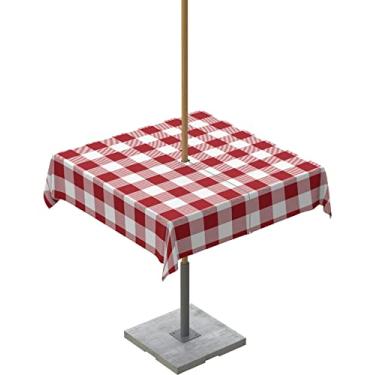 Imagem de Ruian Store Toalha de mesa quadrada impermeável para uso ao ar livre, rústica, xadrez vermelho e branco, com zíper, com orifício para guarda-chuva, toalhas de mesa para primavera, verão, acampamento,