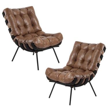 Imagem de Kit 2 Poltrona Decorativa Sala de Estar Costela Base Preta Couro Mel G