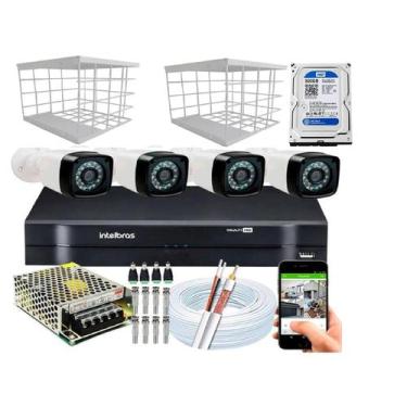Imagem de Kit 4 Câmeras + DVR Intelbras + Câmeras HD 720p 20m Infra + Fonte, Cab