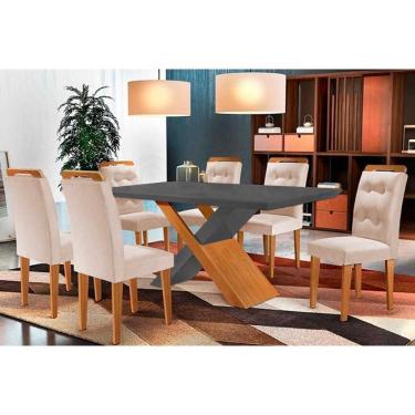 Imagem de Conjunto: Mesa de Cozinha Imperatriz Tampo Madeirado c/ Vidro Reto 180x90 e 6 Cadeiras Imperatriz Imbuia/Suede Creme - Rufato