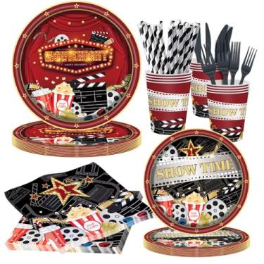 Imagem de 168Pcs Movie Night Supplies, Movie Theme Party Decorations Hollywood Movie Star Party Tableware Set Include Now Showing Paper Plates Napkins Cups Straws Cutlery for Birthday Party Decor, Serves 24