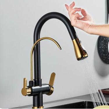Imagem de Filtro de sensor de toque Torneira de cozinha de água Torneira de latão antigo Torneira misturadora com guindaste giratório de água pura para cozinha, preto dourado