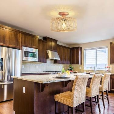 Imagem de GZZBMY Luminária de teto de montagem embutida com sombra de bambu tecida lustre de vime luminária de montagem embutida para sala de estar quarto cozinha entrada fazenda corredor hall de entrada