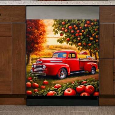 Imagem de Adesivo magnético de caminhão vermelho fazenda, maçãs vermelhas, árvores, lava-louças, ímã decorativo, decalque de colheita de lava-louças para porta da frente, decoração de ímã de geladeira, adesivo