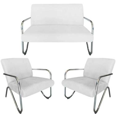 Imagem de Kit Namoradeira + 2 Poltronas Decorativa Bela Couro Branco Braço Croma