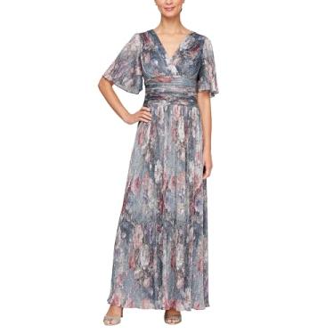 Imagem de S.L. Fashions Vestido feminino longo evasê com mangas esvoaçantes e cintura franzida, Azul, rosa, floral, 15