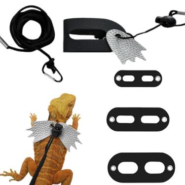 Imagem de Peitoral de lagarto de dragão barbudo, acessórios de coleira de lagarto ajustável, corda de dragão barbudo alado e arnês de couro de 3 tamanhos para lagarto camaleão anfíbio (prata)