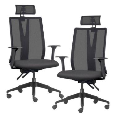 Imagem de Kit 2 Cadeiras Escritório Giratória Presidente Flow F02 Base Preta Linho Grafite - Lyam Decor