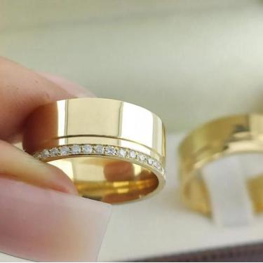 Imagem de Par de Alianças de Ouro 18k Noivado Casamento Anatômica Larga com Pedr