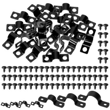 Imagem de Tanstic 25 peças de correia preta de dois furos, alça de dois furos de 5/40.6 cm, suporte em U, braçadeira de tubo rígido com parafusos de madeira de cabeça de treliça modificada Phillips para fixação