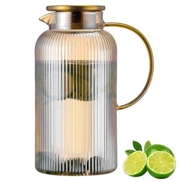 Imagem de Buaic Jarra de vidro com tampa, jarra de água clássica com listras verticais âmbar de 2 litros, garrafa de água de vidro para bebida fria, café, limonada, chá gelado, bebidas, jarro de vidro