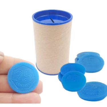 Imagem de Conjunto 6 Cofres 6x10cm + 60 Moedas de Mentira Brinquedo Educativo Kit Prendas Lembrancinhas Mimos Moedinhas (Azulão)
