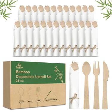 Imagem de SoulTan Goods Conjunto de talheres de bambu descartáveis pré-enrolados – pacote com 25 talheres e guardanapos pré-embrulhados com garfos, facas, colheres para festas, casamentos, eventos e churrasco