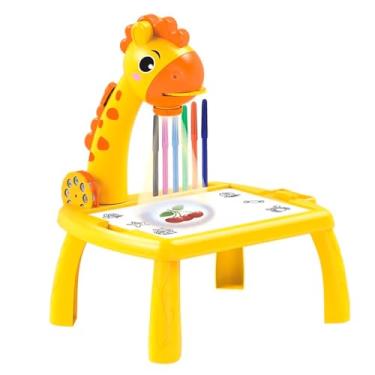 Imagem de Mesa de Desenho Infantil Girafa com Projetor, Luzes LED e Sons, Conjunto Criativo com Canetas Coloridas, Amarelo