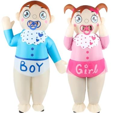 Imagem de Kofero 2 peças de fantasia inflável de bebê para adultos, homens, mulheres, revelação de gênero, menino ou menina, azul e rosa, roupa de chá de bebê, divertida, festa cosplay, Azul, rosa, One Size