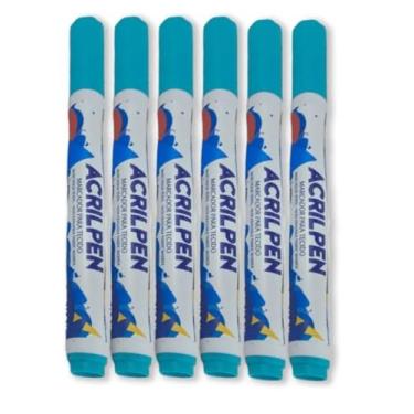 Imagem de Kit Com 6 Canetas Para Tecido Acrilpen 503 - Azul Celeste - Acrilex - Pintura Permanente e Personalização É Ideal Para Personalizar E Detalhar Seus Projetos De Tecido Com Precisão E Durabilidade