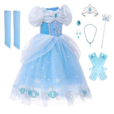 Imagem de Fantasia de Cinderela para meninas e crianças, vestido de princesa azul com acessórios, roupas de festa de aniversário de Halloween, Branco, azul, 11-12 Anos