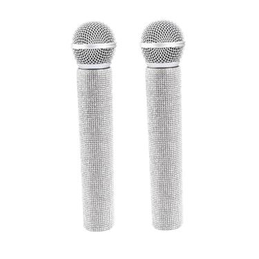 Imagem de Microfone de brinquedo, suporte de microfone, 2 peças de strass falso, microfone de plástico realista para prática de discurso, lembrancinhas de festa, adereço de fantasia de palco, prata, microfone