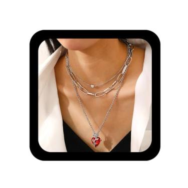 Imagem de Iaceble Boho Colar com pingente de coração de cristal vermelho ouro rosa colar em camadas colar de corrente clipe de papel colar gargantilha vintage coração em camadas colares joias para mulheres